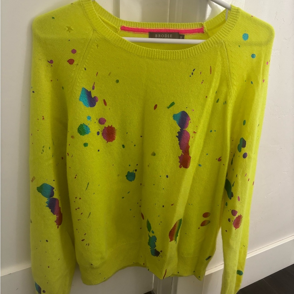 Brodie Cashmere Bright Yellow Sweater with Multicolor Splashes